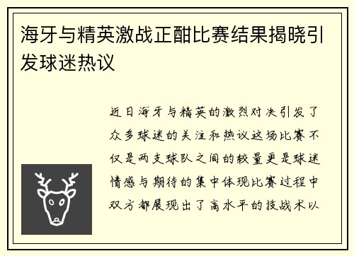 海牙与精英激战正酣比赛结果揭晓引发球迷热议